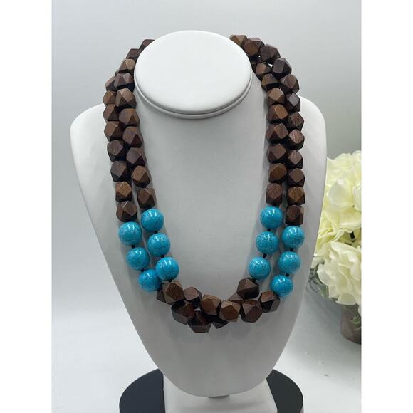 Kenneth Jay Lane Vintage Signed Hand KnotTwo Row‎ Wood Bead Turquoise Necklace - Picture 3 of 16
